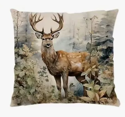 Deer Stag Elk Hunting Nature Cabin Linen Throw Pillow Cover Holiday Home Decor • $13.08