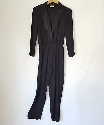 Vtg Black Jumpsuit Sz 5 S Satin Tuxedo Stripe Playsuit Elastic Waist Long Sleeve • $24