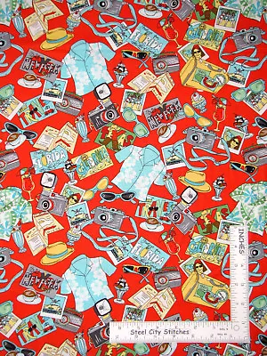 Vacation Camera Luggage Travel Cotton Fabric Studio E Road Happiness By The Yard • $10.98