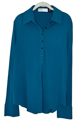 Charles Nolan Women's 100% Silk Teal Blue 1/2 Button Up Blouse Size Large • $29.99