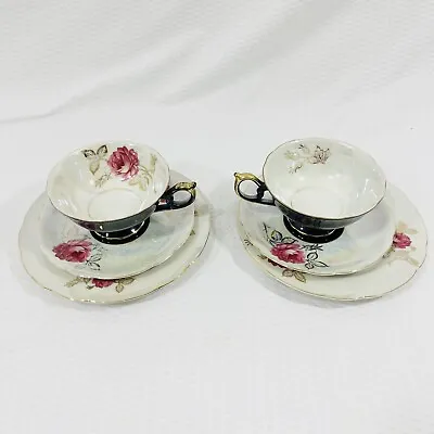 Vintage English Crown China Co Hand Painted 2 Tea Cup Sets Black 6 Pieces • $25