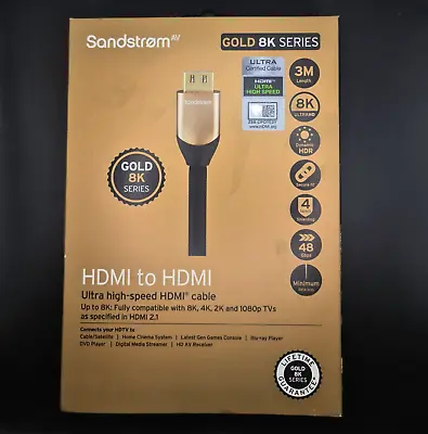 Sandstrom 3M HDMI UltraHD Cable Gold 8K Series Boxed 4K 2k 1080p HDR 48Gbps VGC • £39.69