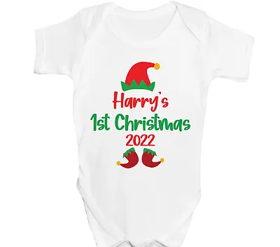 Personalised First Christmas Baby Grow Any Name Elf Sleepsuit Boys Girls Gift • £6.99