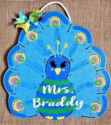 Personalize PEACOCK TEACHER SIGN Name Plaque School Class Classroom Wall Hanger • $13