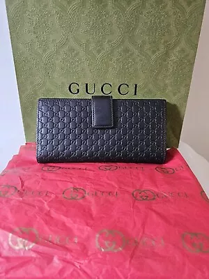 NEW GUCCI Black MICRO GUCCISSIMA Leather CONTINENTAL Snap Flap Wallet NIB  • $369.99