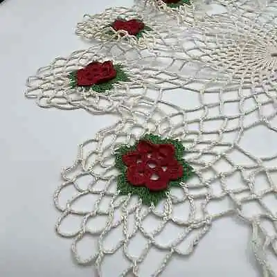 Vtg Hand Crocheted Star Flower Red Green Doily Roses 13  Christmas Flowers • $14.99