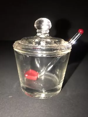 Vintage Clear Glass Jelly/Sugar Jar With Glass Spoon & Lid Miniature • $14.99