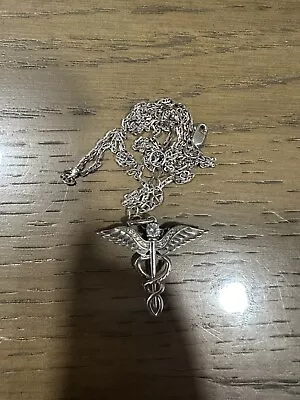 Solid 925 Silver  CZ Caduceus  Pendant With Chain Healthcare Worker Nurse Doctor • $50