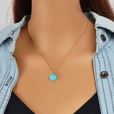 Bohemian Jewelry Gold Chain Round Turquoise Pendant Necklace Ethnic Accessories • $2.98