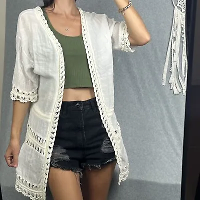 Women’s Crochet Knit Duster Cardigan Kimono Top Short Sleeve Holiday Beach 12 14 • $29