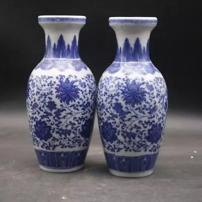 Chinese Porcelain Qing Dynasty Qianlong Blue And White Lotus Vases A Pair 7.87  • $42