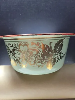 Vtg Enamelware Graniteware Bowl Gold Floral Gilt Mint Green Red Trim White • $31.95