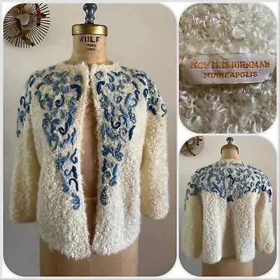 1950s Roy H Bjorkman Embroidered Beaded Curly Lamb Cardigan Sweater Bouclé VTG • $66.75