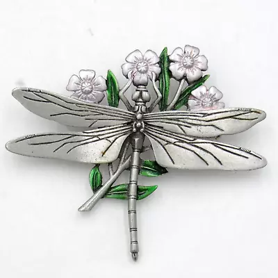 Vintage JJ Jonette Dragonfly Brooch Pin Silver Tone Signed Pewter Painted K1038 • $18