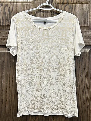 J CREW Tee Top Women Size L Gold & Cream Metallic Baroque Pattern Excellent! • $14.99