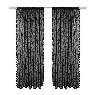 Voile Curtains Black Lace Net Window Curtains Slot Top Ready Made Sheer Drapes • $44.79
