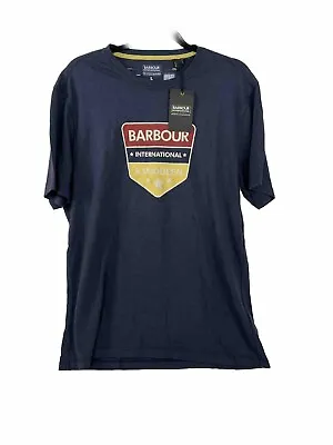 Barbour X Steve McQueen Graphic Tee T-Shirt L Motorcycle Navy Blue Crest Logo • $45