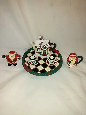 Mini Christmas Tea Set Santa & Mrs.Clause Teapot Teacups & Saucers Holiday Plate • $5