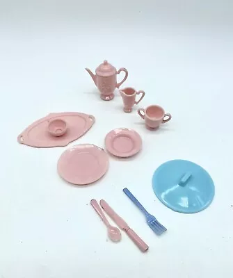 Irwin Dollhouse Miniature Plastic Plate Spoon Fork Tray Pitcher Vintage Pink Toy • $4.99