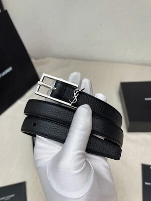 $119.99 • Buy Saint Laurent Silver YSL Logo Buckle Black Grain Leather Women Belt 3.0CM