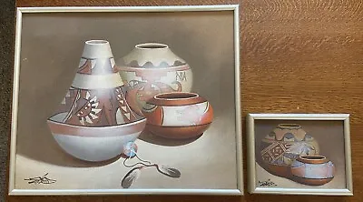 PAIR Of MYONG MARIO JUNG SOUTHWEST PUEBLO POTTERY SAND OIL PAINTINGS • $124.99