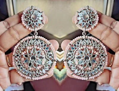 Bollywood Style Indian Kundan Silver Plated Round Earrings Pink Jewelry Set • $49.99