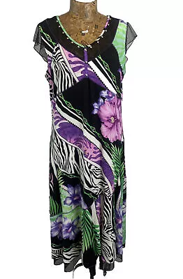 LIBRA DRESS 16 BLACK PURPLE Floral Beaded Neck Flared Hem Mesh Stretchy Long • £27.97