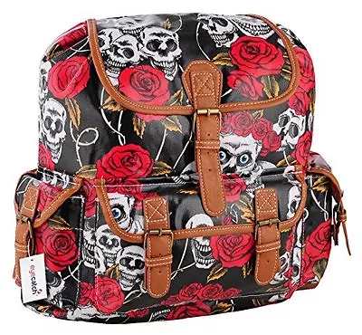 Womens Oil Cloth Skull Roses Print Backpack Rucksack Daysack Sports Workout Bag • £13.95