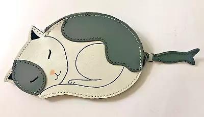 Rolf’s Leather Sleeping Cat Change Purse 5.5” X 3.5” Gray & White Kitty Fish Zip • $12