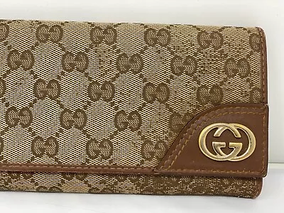 Authentic Gucci Interlocking Gg Logo Canvas Leather Long Bifold Wallet • $99.99