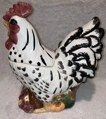 Vintage CKRO Hand Painted Black White Fruit Detailed Rooster Cookie Jar • $39.50