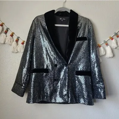 Zara Sequin Metallic Velvet Black Tuxedo Double Breasted Blazer Party Business M • $50.99