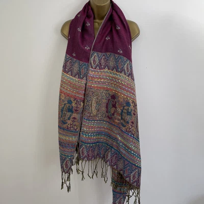 £24.99 • Buy PASHMINA Shawl Wrap Fringed Paisley Gold Purple 100% Cashmere Large Burgandy