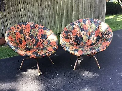 Mid-Century Modern Scoop Hoop Pair Swivel Chairs Flower Poppies Retro Vinyl Wow • $425