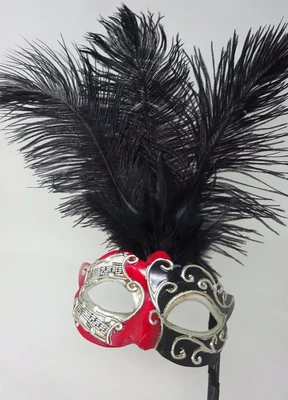 £22.99 • Buy Black Red Silver Musical Notes Masquerade Carnival Ball Feather Mask On A Stick