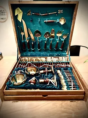 Vintage 1950’s Mid Century Modern Swag Retro Thia Brass/Rosewood Flatware Set • $349