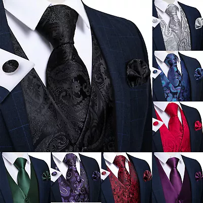 Mens Formal Wedding Waistcoat Paisley Floral Suit Vest Slim Tuxedo Silk Tie Set • $23.32