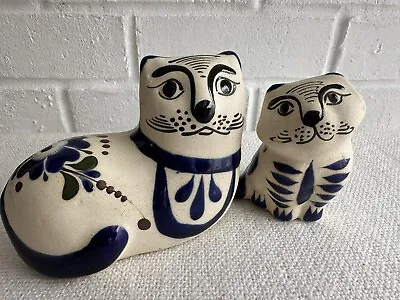 Tonala Folk Art 2 Pottery Cats  Signed  Mexico Hand Painted 5  & 3.5  • $12