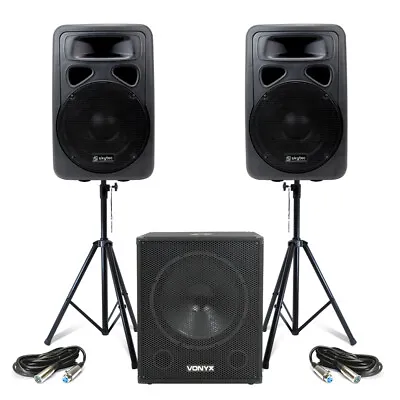 Pair Of Skytec SP1200A 12  Active PA Speakers With SWA18 Subwoofer & Stands Set • £679