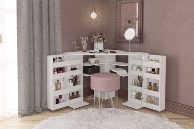 £262 • Buy White Corner Dressing Make Up Table With 16 Storage Shelves