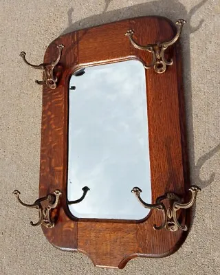 HMP CO. Wrought Cast Iron & Oak Mirror Coat Rack ANTIQUE ART NOUVEAU • $225