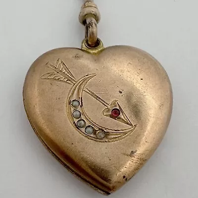 Antique Edwardian Engraved Gold Filled Cresent Moon Arrow Heart Locket Necklace • $24.50