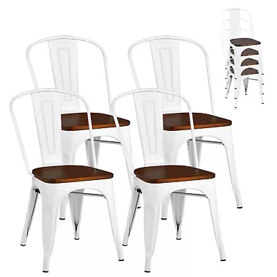 4 PCS Steel Dining Side Chair Tolix Style Pine Pad Wood Seat Stackable White • $169.49