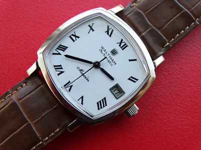 Vintage   Men  Waltham   Maxim   Automatic  Date  Roman  White  Serviced  Clean • $350