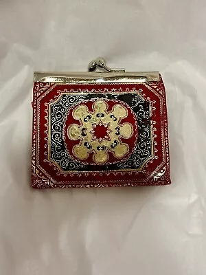 Vintage Italian Kiss Lock Snap Close Red & Gold Leather Coin Purse D1 • $25