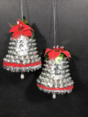 £19.07 • Buy 2 Christmas Bell Ornaments Push Pin Beaded Sequined Felted 1960’s Vintage