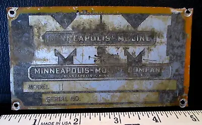 MM Minneapolis Moline Co. U Tractor Serial Number Plate ID Tag Sign Data Emblem • $32.49