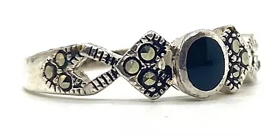 Mens Black Oval Onyx Marcasite Sterling Silver 925 Band Ring Size 8 Unisex • $19