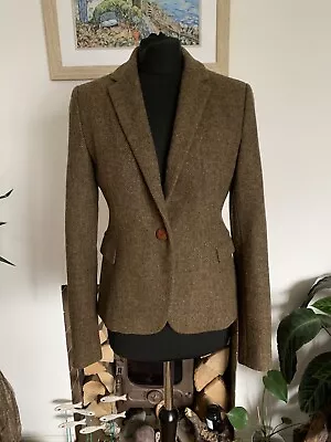 ZARA Green Brown Herringbone 100% Wool Hacking Jacket Blazer Elbow Patches - M • £39.99