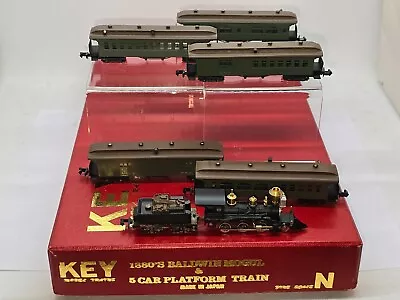 Brass N Scale Key Model Trains 1880s Baldwin Mogul + 5 Car Platform Train Set • $395